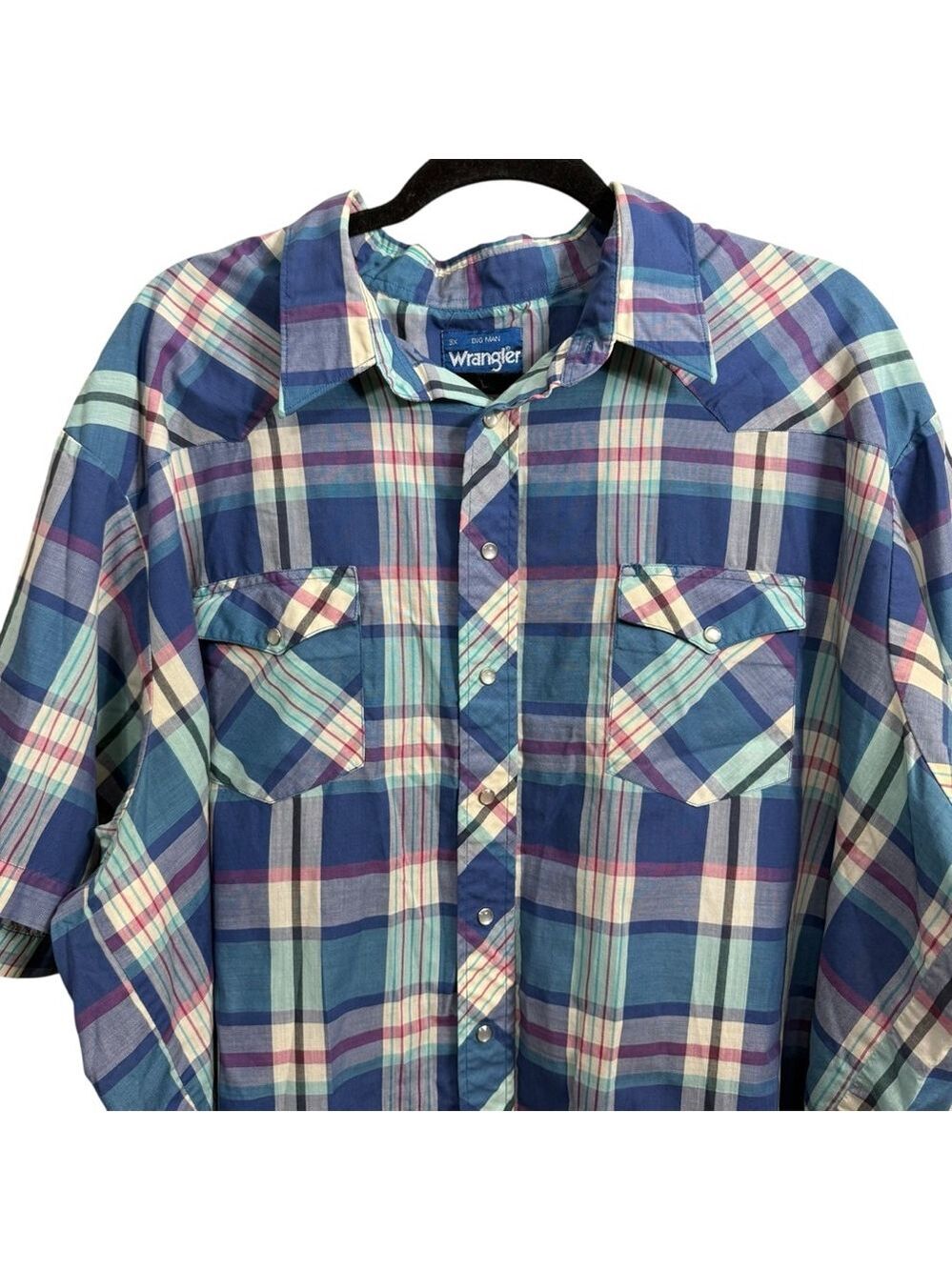 Vintage Y2K Big Man Wrangler Pearl Snap Plaid Western Shirt Size 3X Blue - Picture 2 of 8